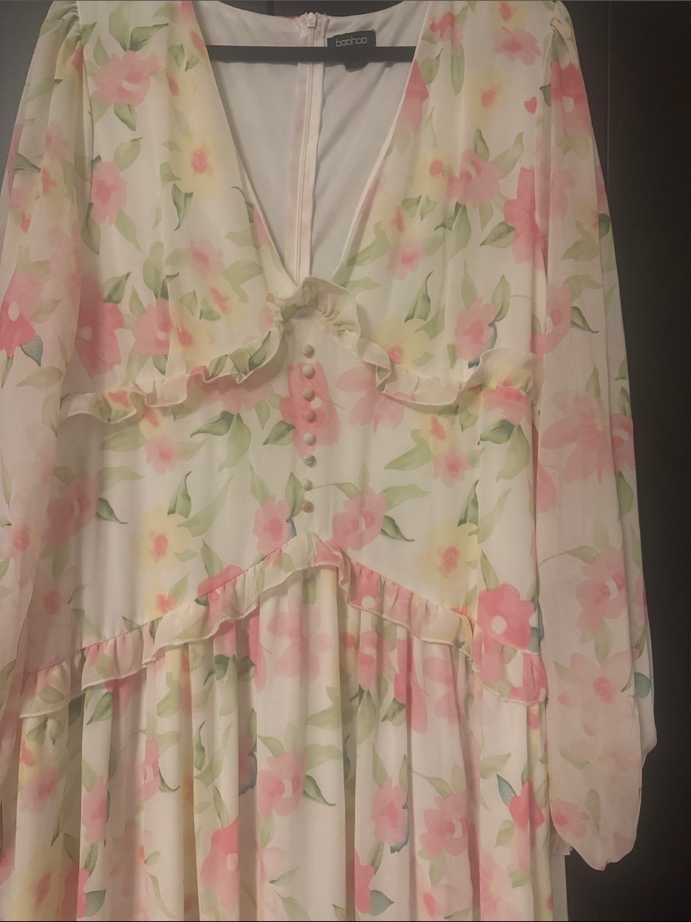 Boohoo Cream Floral Ruffle Maxi Dress - Pink & Green Print - Picture 2 of 6